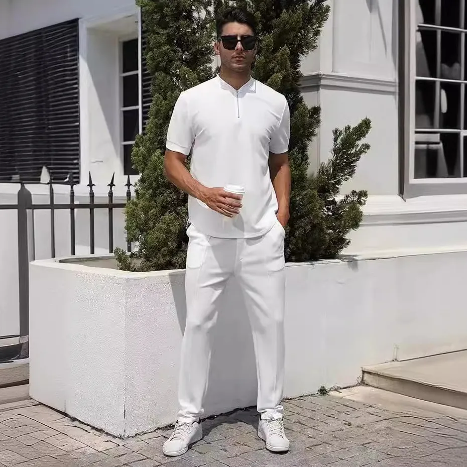 Men Fashion Casual Solid Color Polo Short-Sleeve T-Shirt Slim Fit Pants Two-Piece Set
