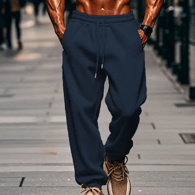 Men Fashion Casual Autumn Winter Solid Color Fleece Pants