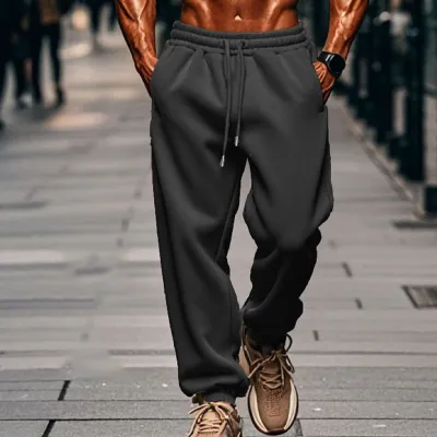 Men Fashion Casual Autumn Winter Solid Color Fleece Pants