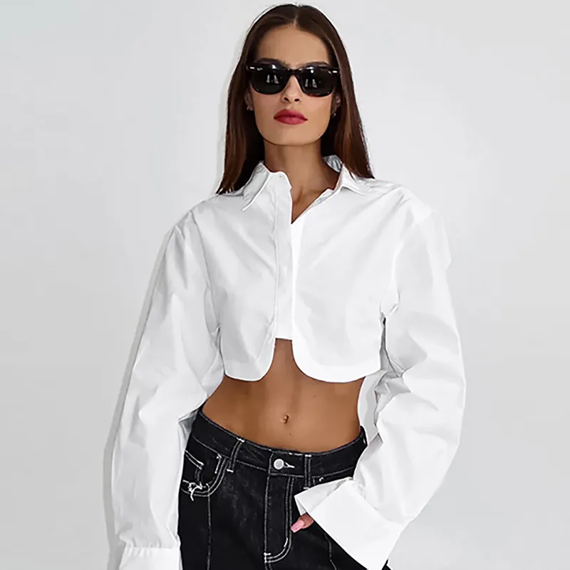 Women Long Sleeve Cropped Spring Commuter White Cotton Shirt