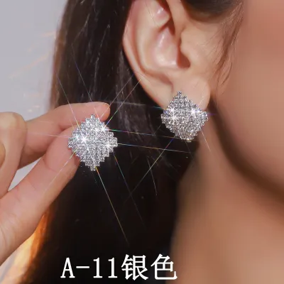 Simple Full Rhinestone Geometric Square Stud Earrings