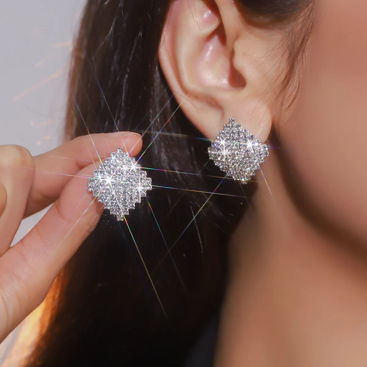 Simple Full Rhinestone Geometric Square Stud Earrings