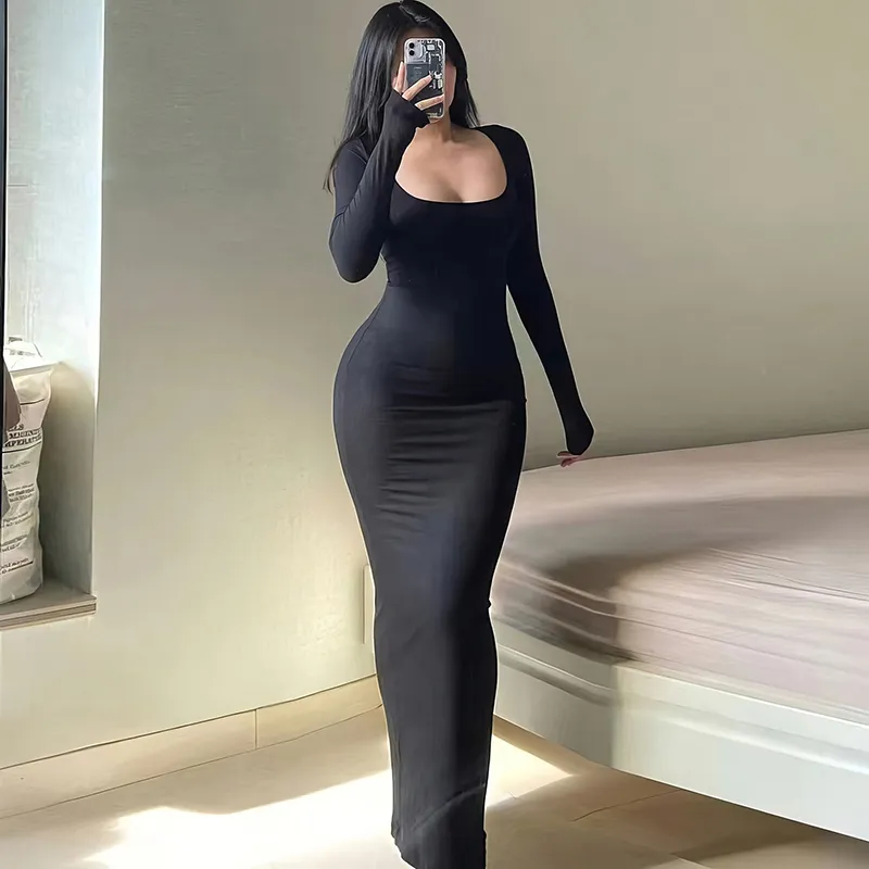 Autumn Winter Slim-Fit Women Square Neck Long Sleeve Solid Color Maxi Dress