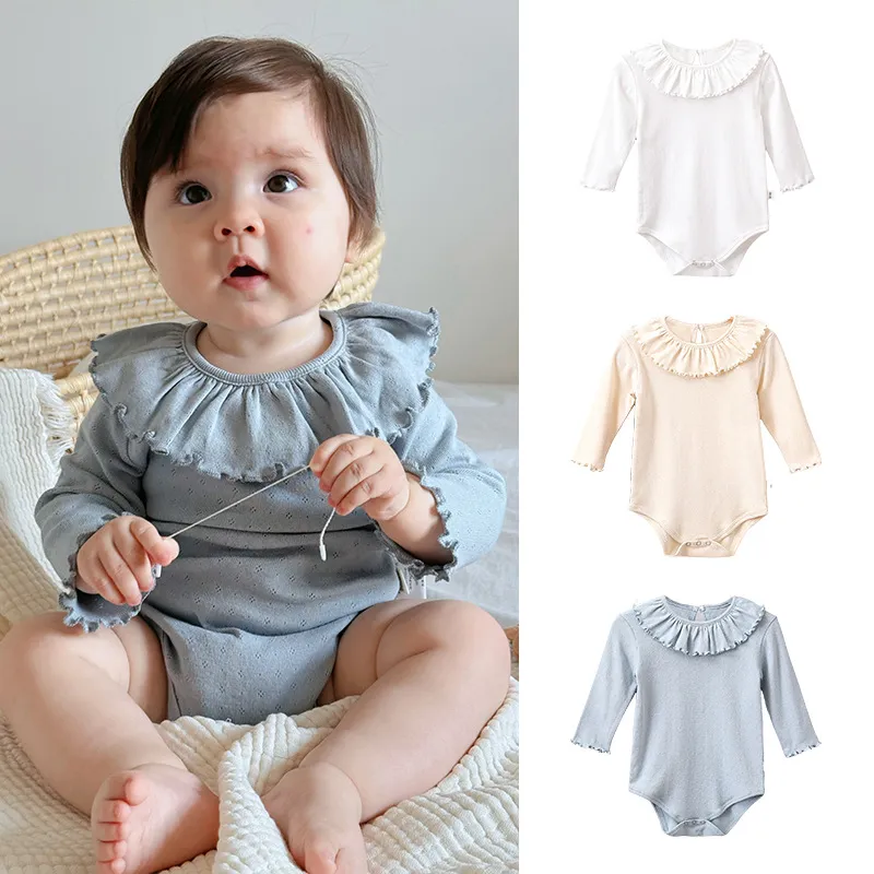 Kids Baby Girl Fashion Solid Color Ledge Collar Long-Sleeve Cotton Rompers