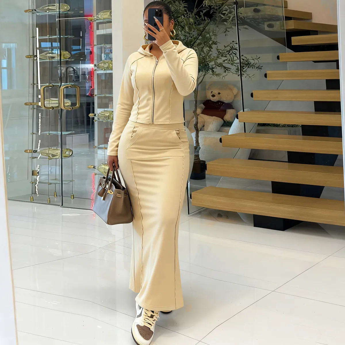 Women Street Hipster Zip Hooded Top And Skirt Two-Piece Set