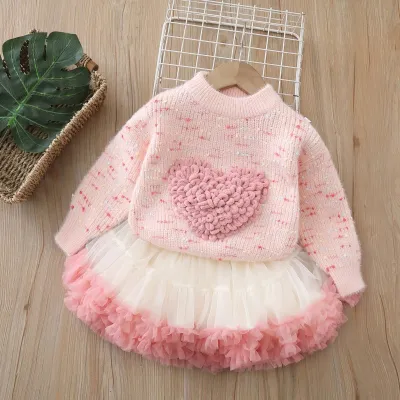 Kids Girls Cute Autumn Winter Love Knitted Sweater Ruffle Mesh Skirt Two-Piece Set