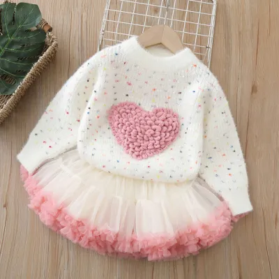 Kids Girls Cute Autumn Winter Love Knitted Sweater Ruffle Mesh Skirt Two-Piece Set