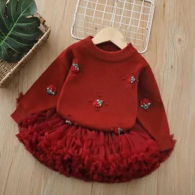 Kids Girl's Fashion Sequin Strawberry Knitted Sweater Mesh Skirt Two-Piece Set for Autumn Winter
