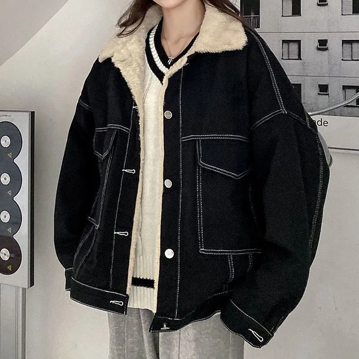 Women Casual Fleece-Lined Thickened Lapel Long-Sleeve Two-Sided Denim Jacket