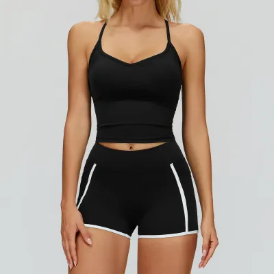 Women Casual Hollow-Out Camisole Tight Shorts Yoga Sports Two-Piece Set