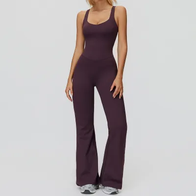 Women Casual Solid Color Sleeveless Cross Backless Micro-Wide Leg Yoga Sports Jumpsuits