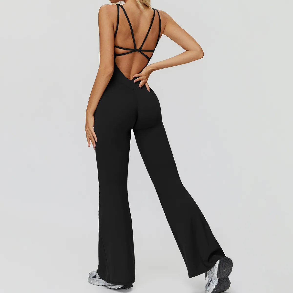 Women Casual Solid Color Sleeveless Cross Backless Micro-Wide Leg Yoga Sports Jumpsuits