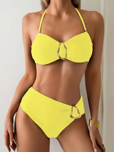 Women Sexy Halter-Neck Lace-Up Metal Buckle Bikini Swimsuit Solid Color