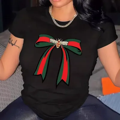 Plus Size Bow Bee Printed Short Sleeve Crewneck T-Shirt