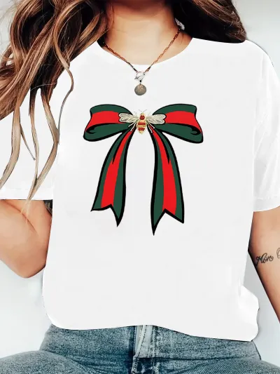 Plus Size Bow Bee Printed Short Sleeve Crewneck T-Shirt