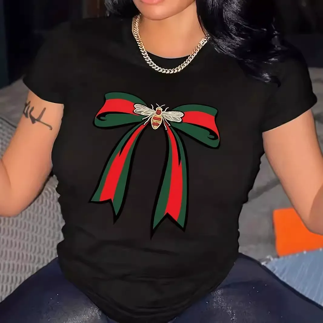 Plus Size Bow Bee Printed Short Sleeve Crewneck T-Shirt