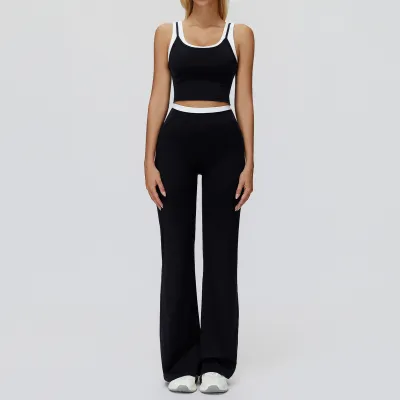 Women Fashion Contrast Color Thread Tank Top High Waist Wide-Leg Pants Yoga Sports Two-Piece Set