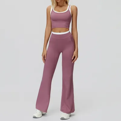 Women Fashion Contrast Color Thread Tank Top High Waist Wide-Leg Pants Yoga Sports Two-Piece Set