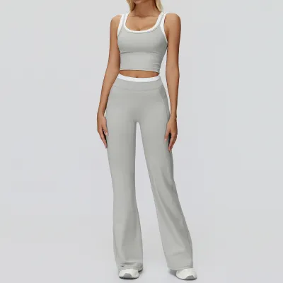 Women Fashion Contrast Color Thread Tank Top High Waist Wide-Leg Pants Yoga Sports Two-Piece Set