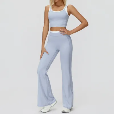 Women Fashion Contrast Color Thread Tank Top High Waist Wide-Leg Pants Yoga Sports Two-Piece Set