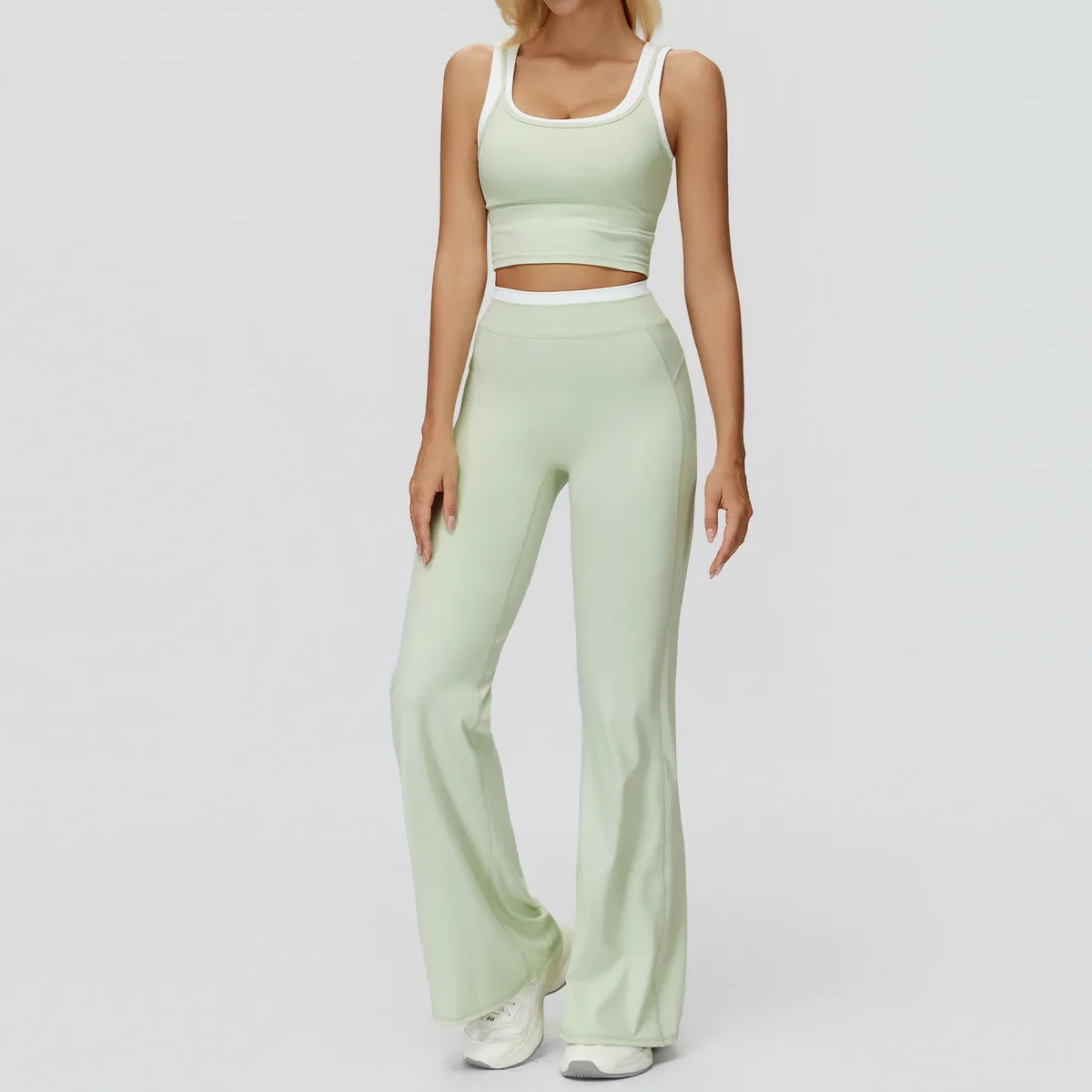 Women Fashion Contrast Color Thread Tank Top High Waist Wide-Leg Pants Yoga Sports Two-Piece Set