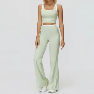 Women Fashion Contrast Color Thread Tank Top High Waist Wide-Leg Pants Yoga Sports Two-Piece Set