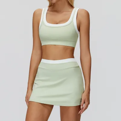 Women Contrast Color Thread Bra High Waist Skirts Yoga Sports Two-Piece Set