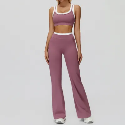 Women Contrast Color Thread Bra High Waist Wide-Leg Pants Yoga Sports Two-Piece Set