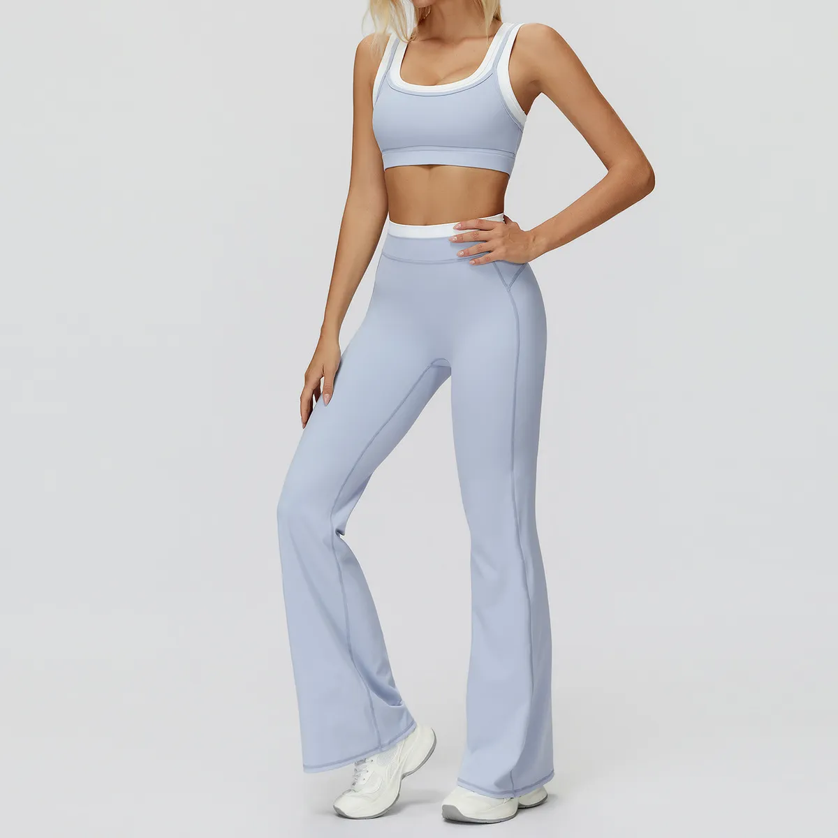 Women Contrast Color Thread Bra High Waist Wide-Leg Pants Yoga Sports Two-Piece Set