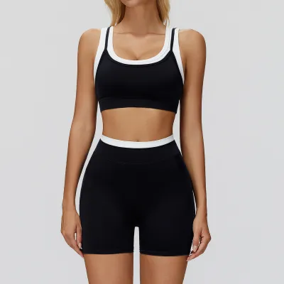 Women Contrast Color Thread Bra High Waist Shorts Yoga Sports Two-Piece Set