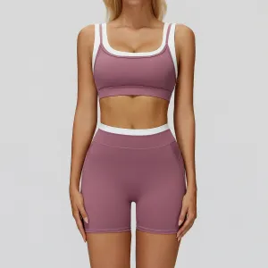 Women Contrast Color Thread Bra High Waist Shorts Yoga Sports Two-Piece Set