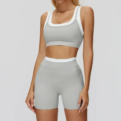 Women Contrast Color Thread Bra High Waist Shorts Yoga Sports Two-Piece Set