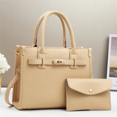 Women Fashion Casual Solid Large Capacity PU Handbag Two-Piece Bag Set
