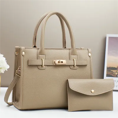 Women Fashion Casual Solid Large Capacity PU Handbag Two-Piece Bag Set