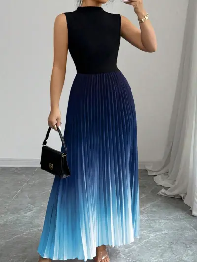 Women Sexy Gradient Sleeveless Pleated Maxi Dress