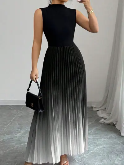 Women Sexy Gradient Sleeveless Pleated Maxi Dress
