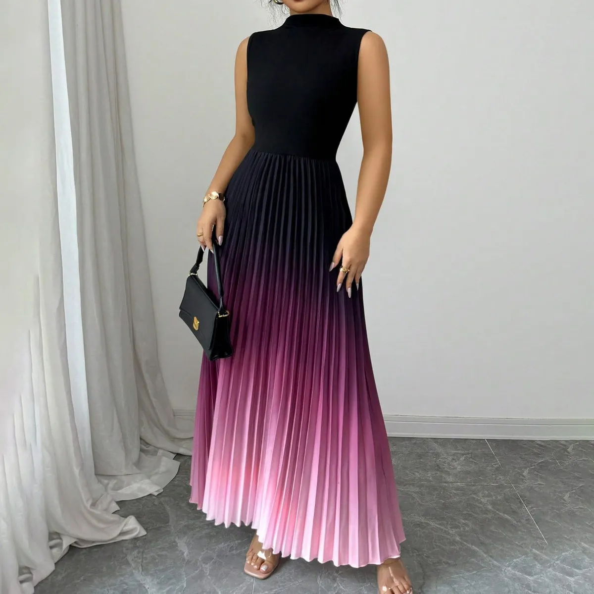 Women Sexy Gradient Sleeveless Pleated Maxi Dress