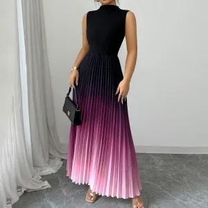 Women Sexy Gradient Sleeveless Pleated Maxi Dress