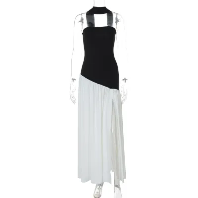 Women Elegant Sexy Solid Color Tube Top Long Strap Split Backless Maxi Dress