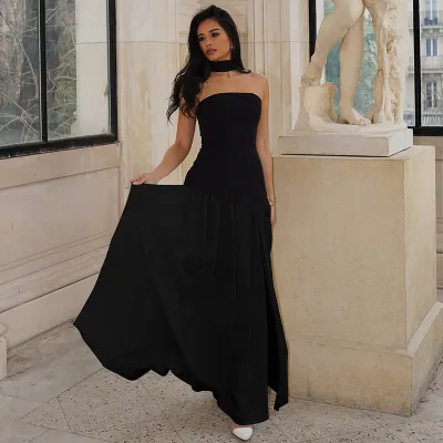 Women Elegant Sexy Solid Color Tube Top Long Strap Split Backless Maxi Dress
