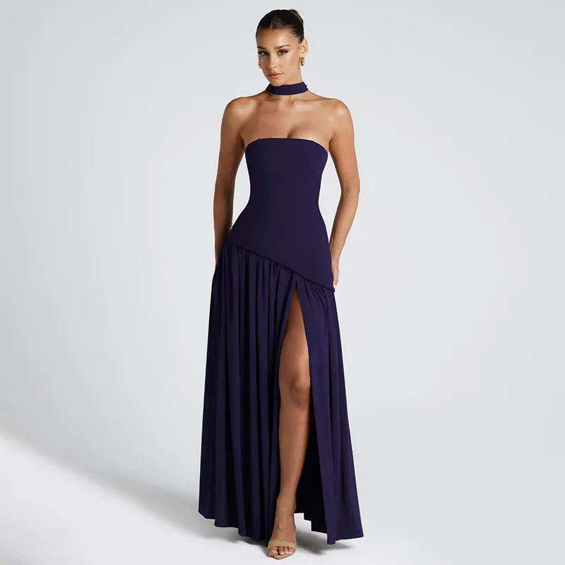 Women Elegant Sexy Solid Color Tube Top Long Strap Split Backless Maxi Dress