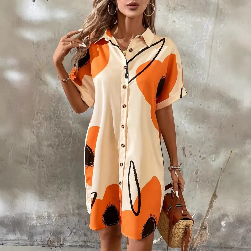 Women Fashion Casual Printed Lapel Short-Sleeve Loose Cardigan Dress