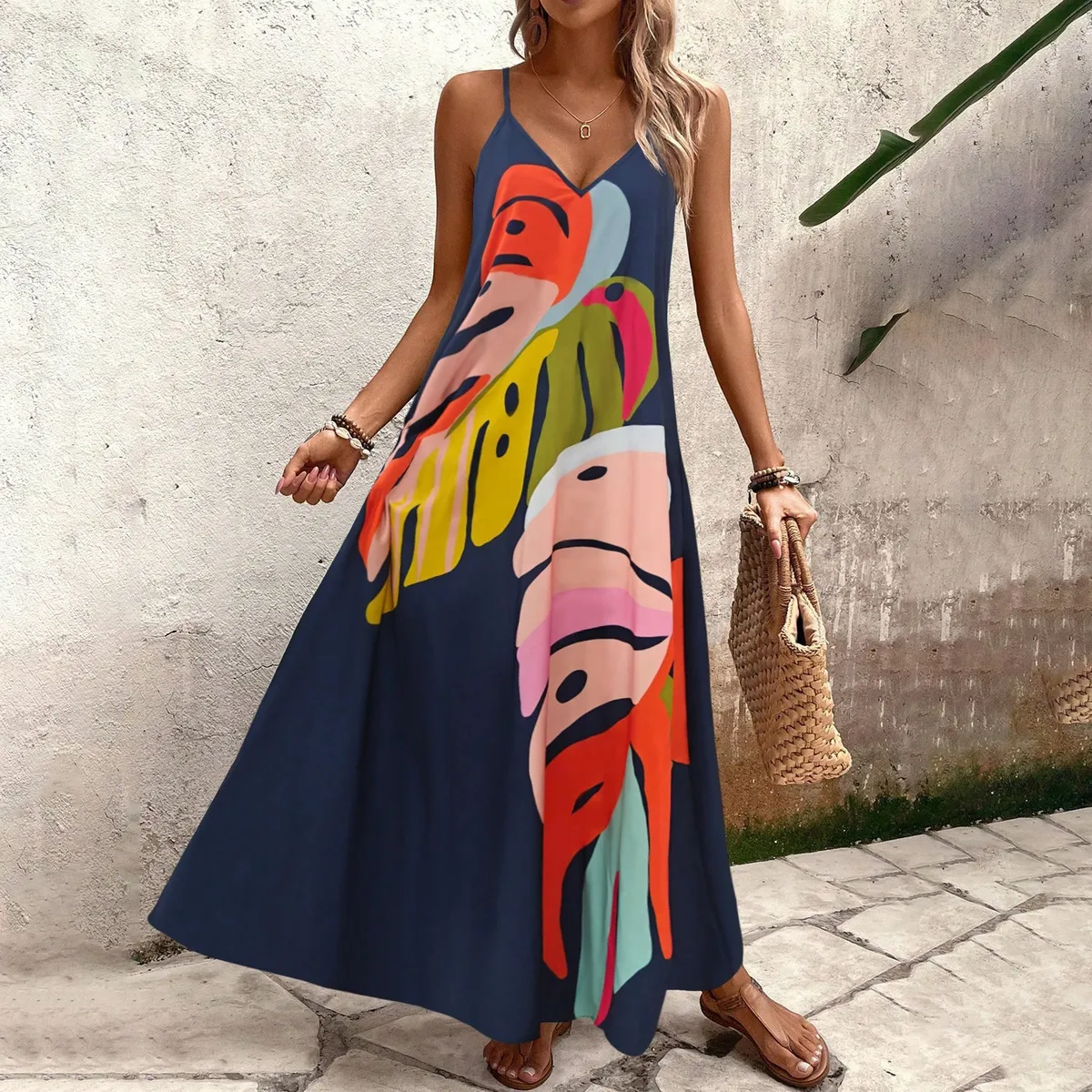 Women Casual Printed Spaghetti Strap Loose Dress
