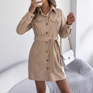 Women Casual Corduroy Lapel Long-Sleeve Shirt Dress for Autumn and Winter