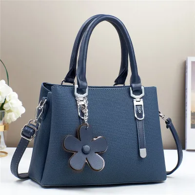 Women Fashion Casual Solid Color PU Flower Pendant Handbag with Zipper Soft