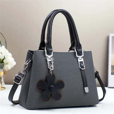 Women Fashion Casual Solid Color PU Flower Pendant Handbag with Zipper Soft