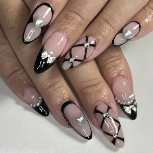 Women Fashion Love Bow Removable Almond Fake Nails