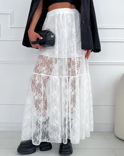 Women Fashion Sexy Solid Color Perspective Lace Cake Skirt