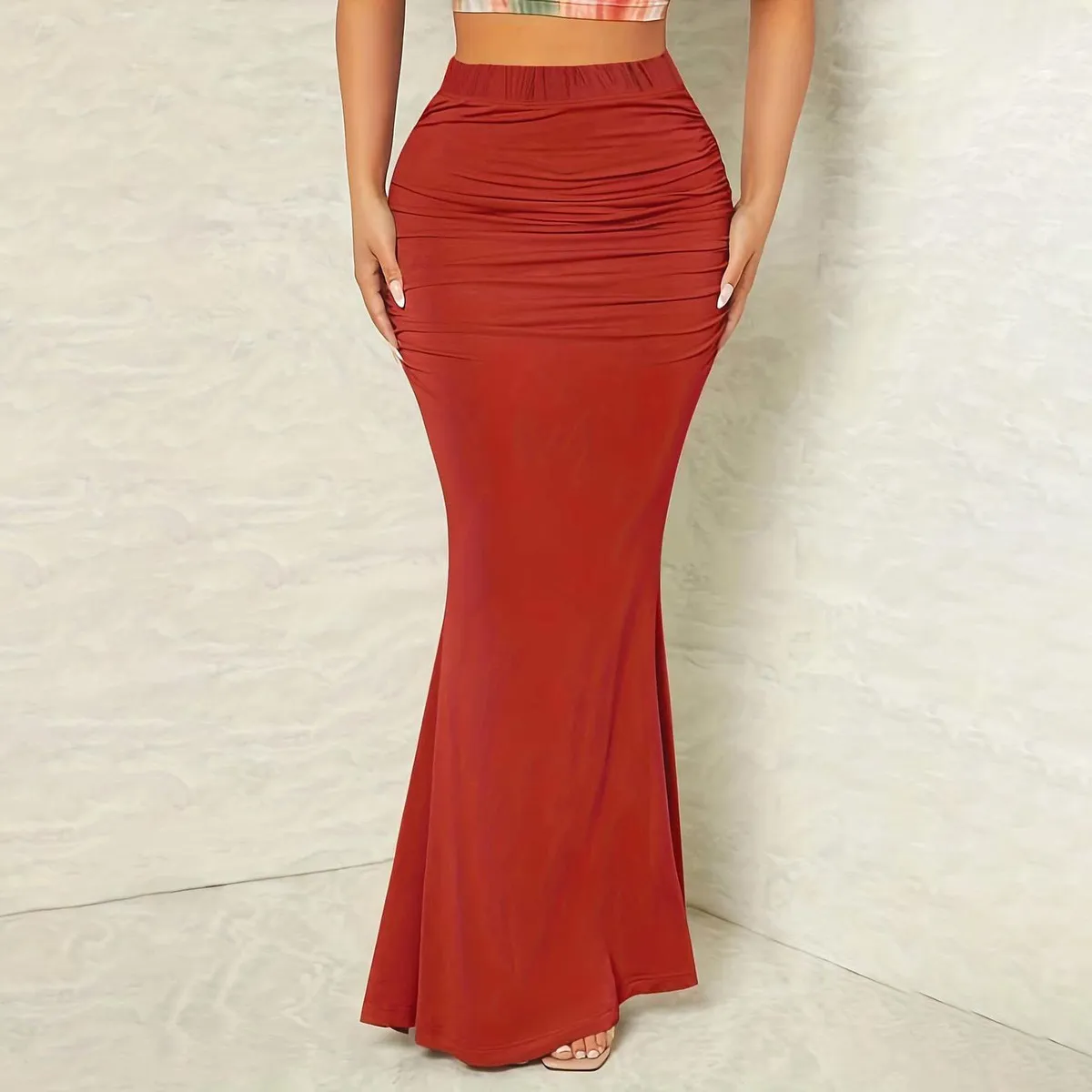 Women Fashion Sexy Autumn And Winter Solid Color High Waist Elastic Pleated Fishtail Skirt