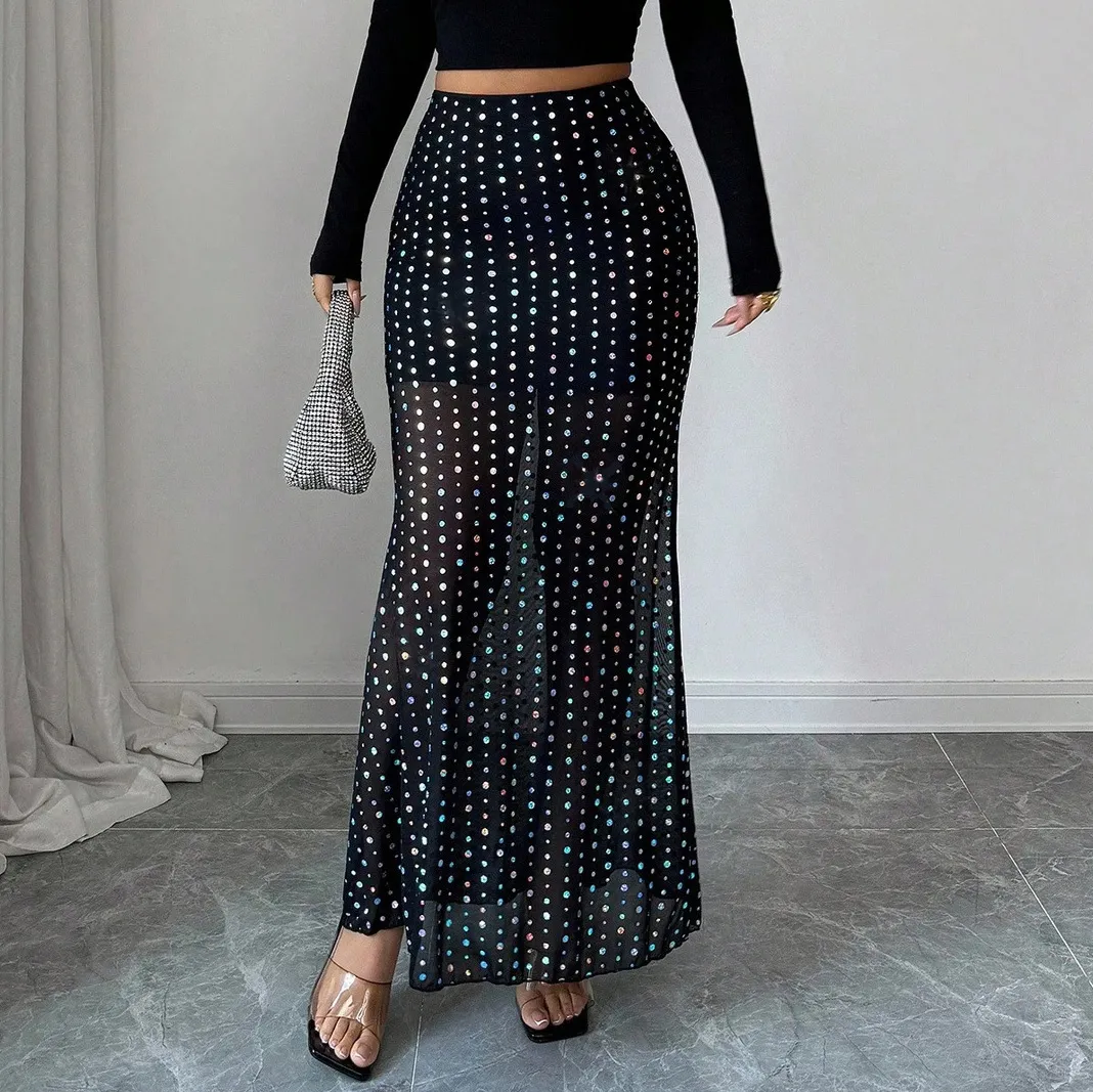 Women Fashion Sexy Sequin Double-Layer Mesh High-Waist Slim-Fit Skirt